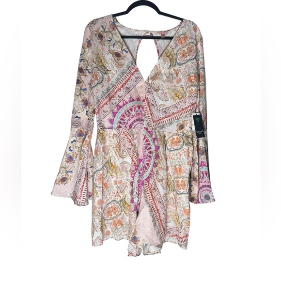 Guess Pants - Guess 100% Linen Romper Women XL Paisley Flared Sleeves Designer Summer NWT $158